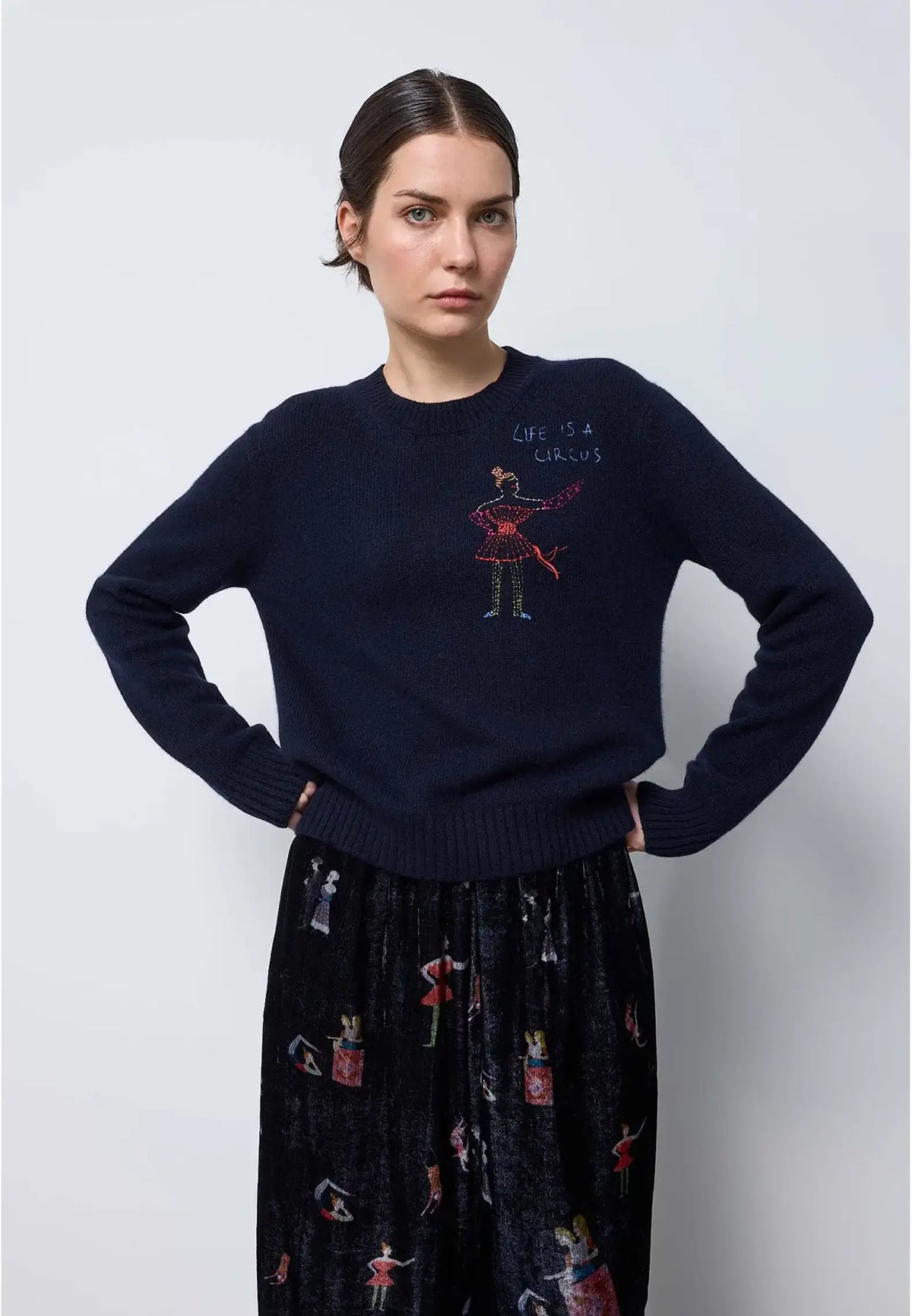 Maglia girocollo con coste fondo e polsi — NAVY